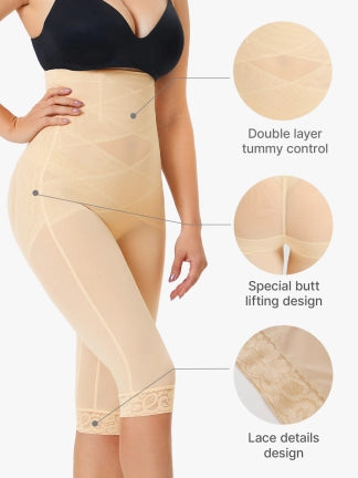 High-Waisted Sheer Shapewear Leggings with Lace Trim