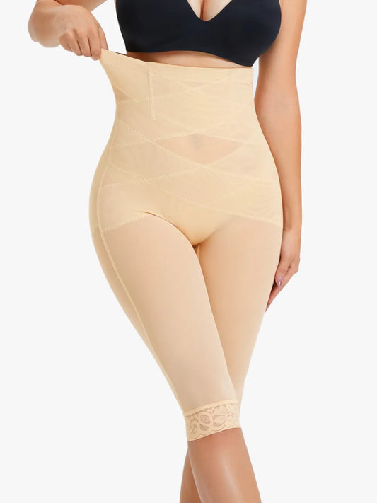 High-Waisted Sheer Shapewear Leggings with Lace Trim